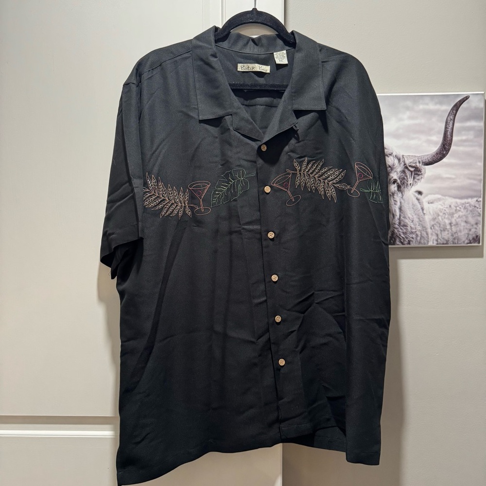 Batik Bay shirt men's XXL black embroidered Camp Lounge Hawaiian
